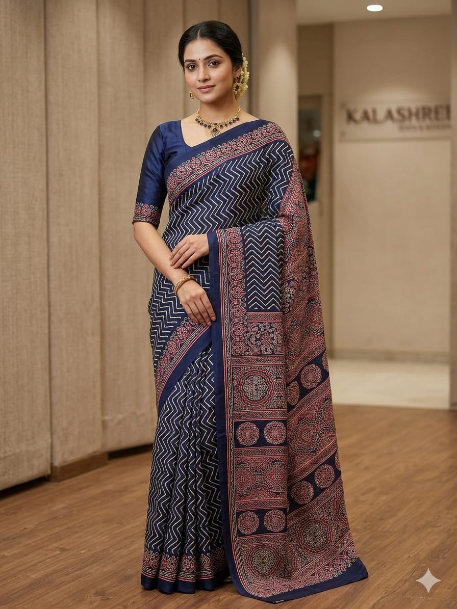 Elegant Navy Blue Printed Saree